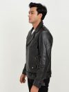 Damon Black Leather Belted Biker Jacket - Side