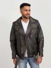 Damon Distressed Brown Leather Belted Biker Jacket - Front