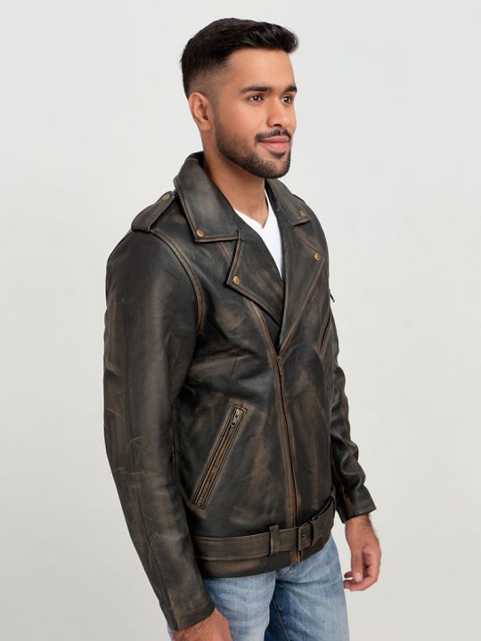 Damon Distressed Brown Leather Belted Biker Jacket - Right