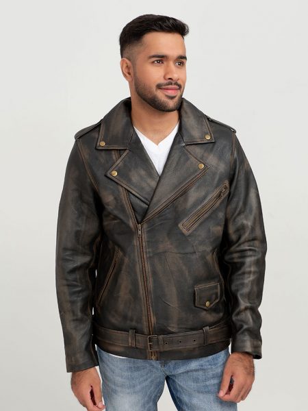 Damon Distressed Brown Leather Belted Biker Jacket - Zipped