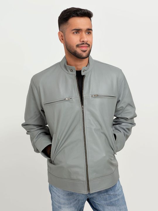 Danilo Light Grey Biker Leather Jacket - Front