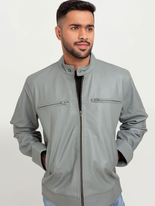 Danilo Light Grey Biker Leather Jacket - Zoom