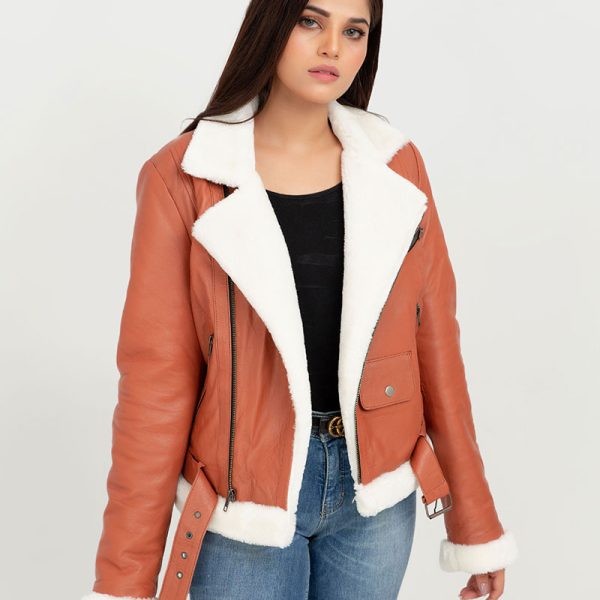 Decker Red-Orange with White Fur Leather Jacket - Front