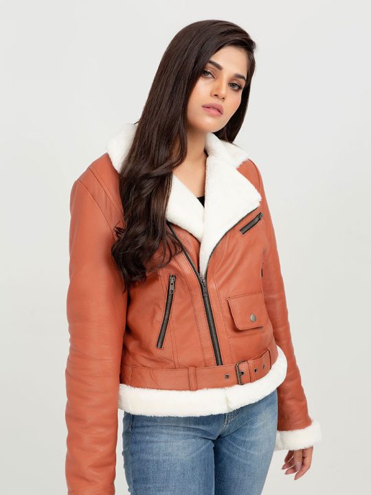 Decker Red-Orange with White Fur Leather Jacket - Zoom