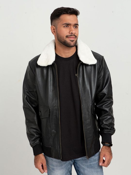 Demi Lined White Shearling Black Leather Jacket - Front