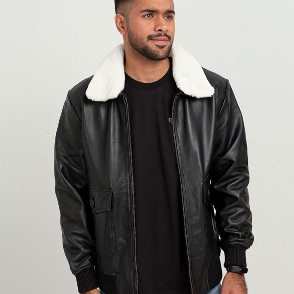 Demi Lined White Shearling Black Leather Jacket - Front