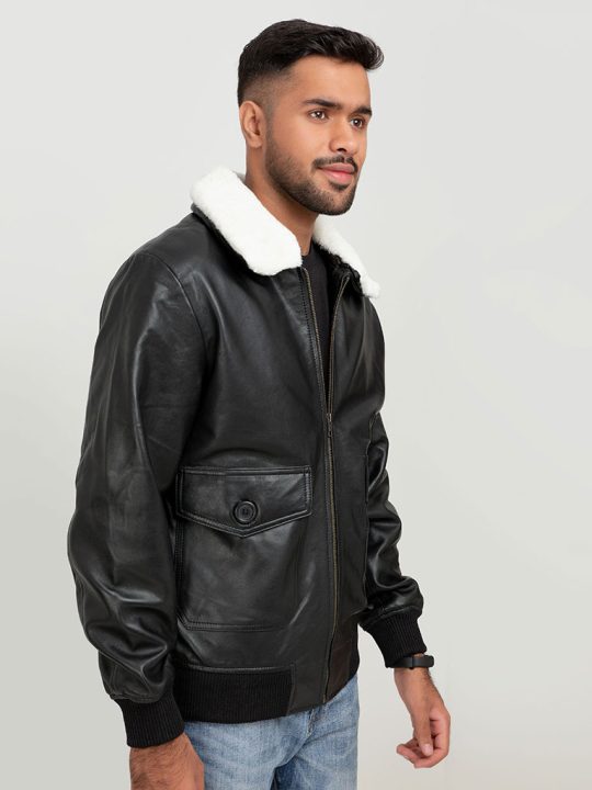 Demi Lined White Shearling Black Leather Jacket - Right