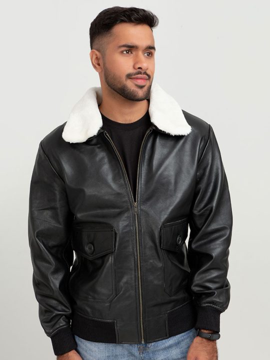 Demi Lined White Shearling Black Leather Jacket - Zoom