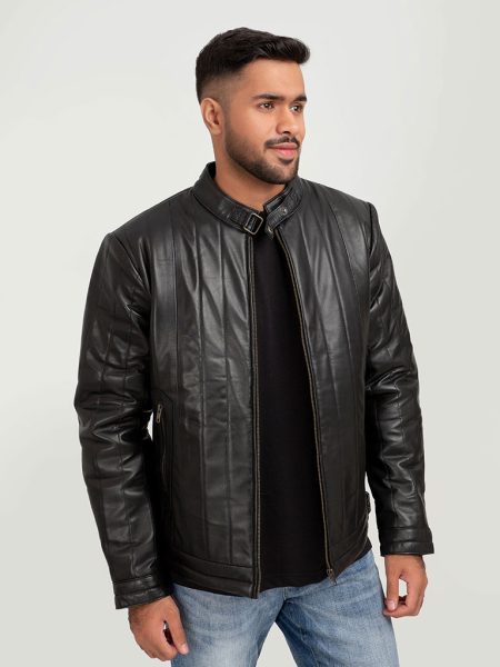 Drew Vertical Channel Black Leather Biker Jacket - Front