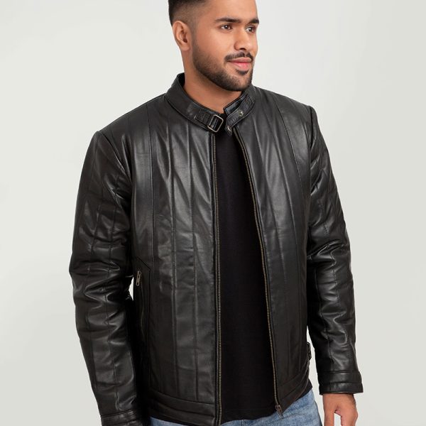 Drew Vertical Channel Black Leather Biker Jacket - Front