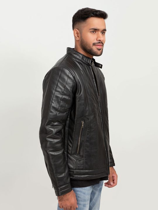 Drew Vertical Channel Black Leather Biker Jacket - Right