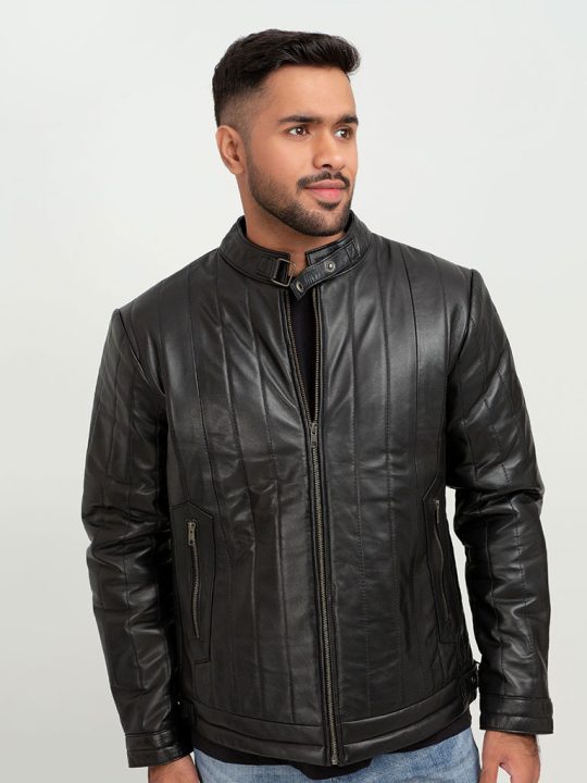 Drew Vertical Channel Black Leather Biker Jacket - Zoom