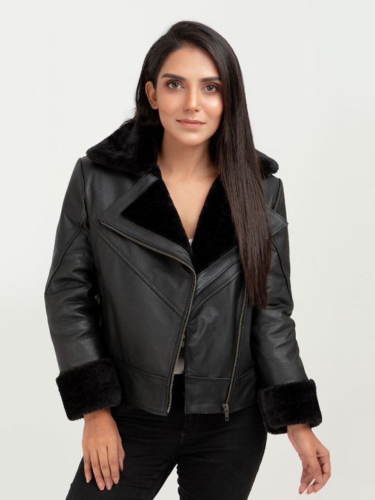 Edwina Black Aviator Leather Jacket - Front