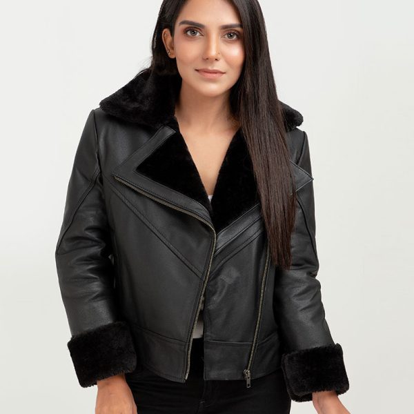 Edwina Black Aviator Leather Jacket - Front