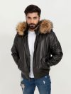 Elias Black Leather Jacket with Raccoon Fur Hood - Front