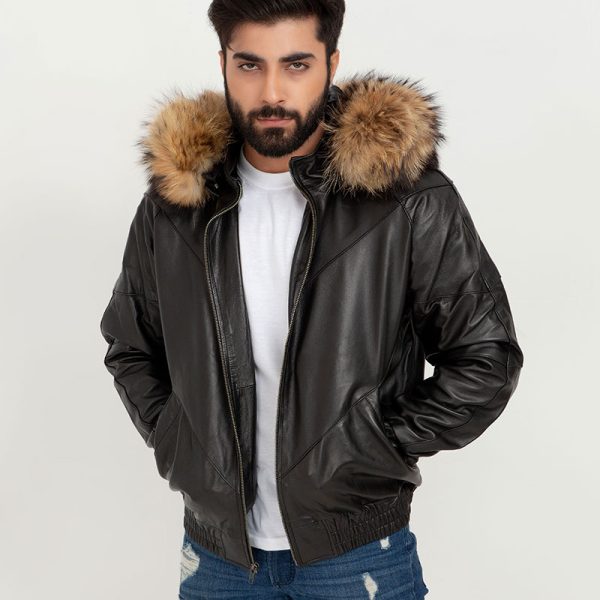 Elias Black Leather Jacket with Raccoon Fur Hood - Front