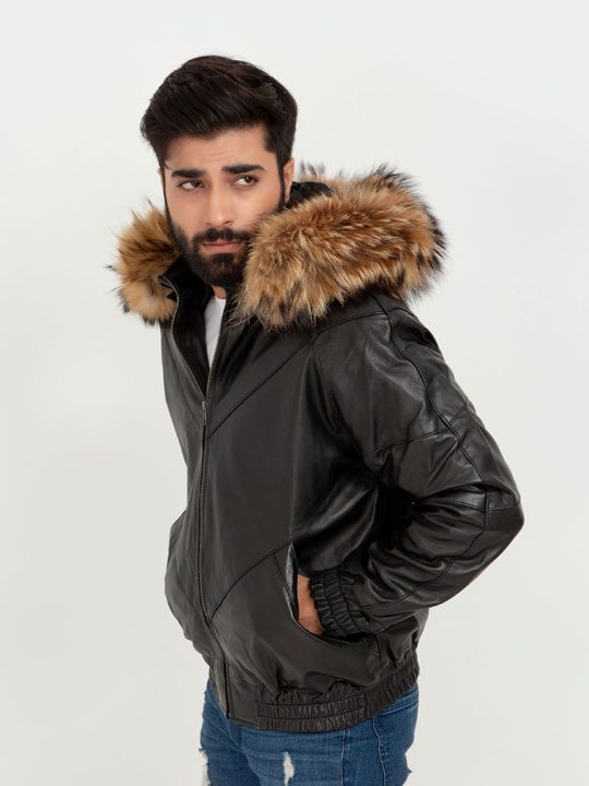 Elias Black Leather Jacket with Raccoon Fur Hood - Left