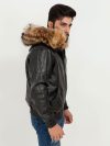 Elias Black Leather Jacket with Raccoon Fur Hood - Right