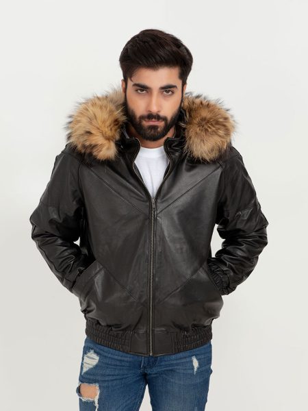 Elias Black Leather Jacket with Raccoon Fur Hood - Zipped