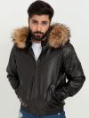 Elias Black Leather Jacket with Raccoon Fur Hood - Zoom