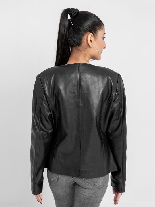 Eloise Frill Trim Black Leather Cropped Jacket - Back
