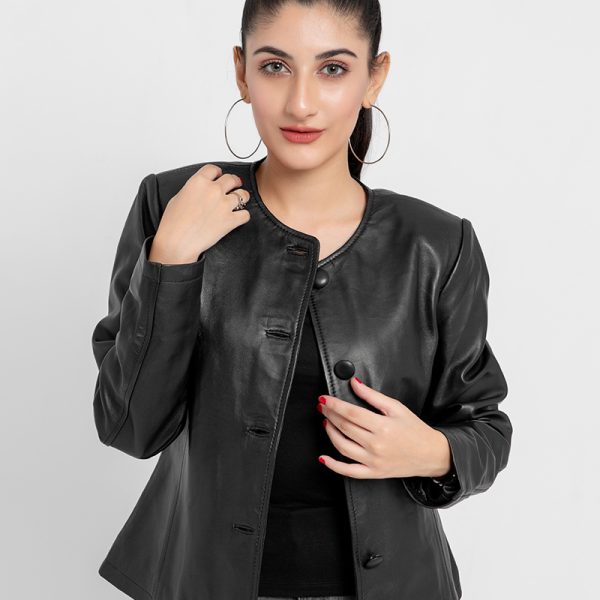 Eloise Frill Trim Black Leather Cropped Jacket - Front