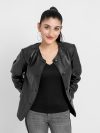 Eloise Frill Trim Black Leather Cropped Jacket - Front II