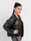 Eloise Frill Trim Black Leather Cropped Jacket - Left