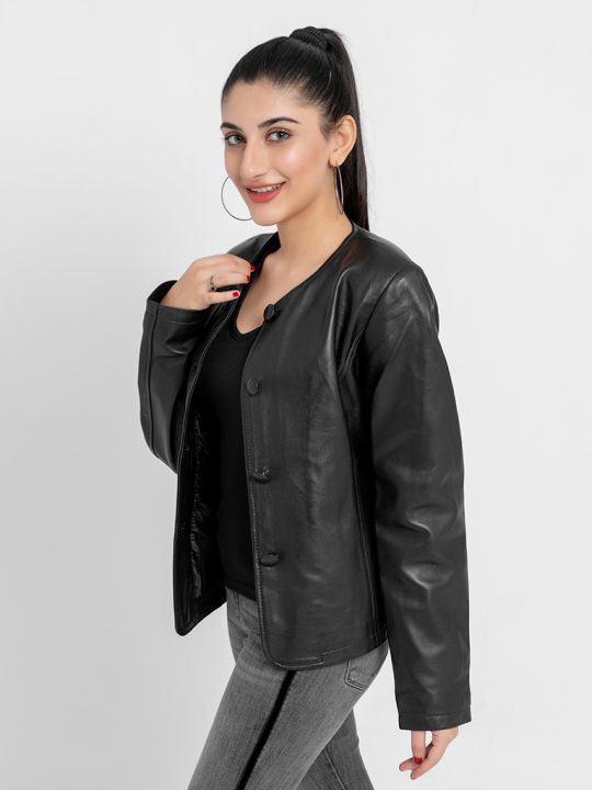 Eloise Frill Trim Black Leather Cropped Jacket - Right