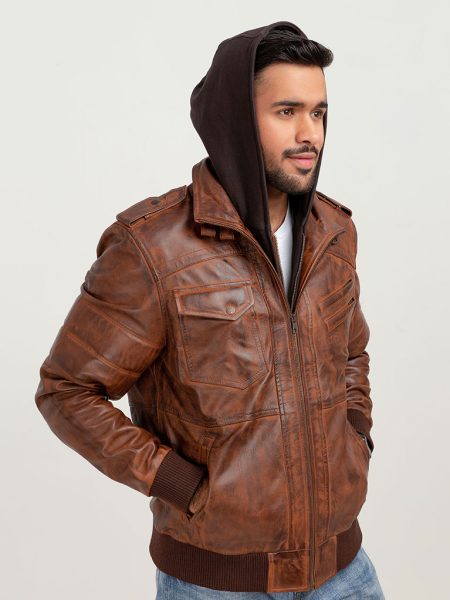 Fritz Brown Hoodie Leather Jacket - Front