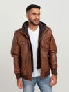 Fritz Brown Hoodie Leather Jacket - Front UnZIpped