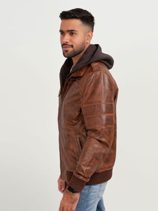 Fritz Brown Hoodie Leather Jacket - Left