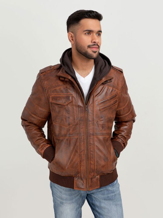 Fritz Brown Hoodie Leather Jacket - Zipped