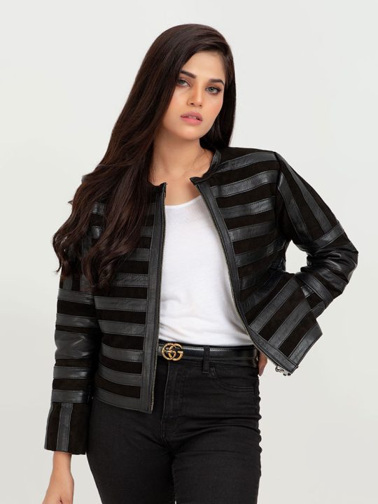 Gigi Sheer Striped Cropped Black Leather Jacket - Front