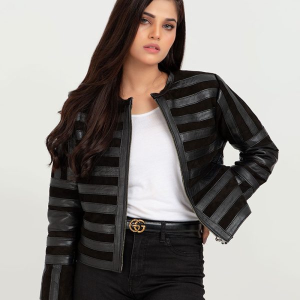 Gigi Sheer Striped Cropped Black Leather Jacket - Front