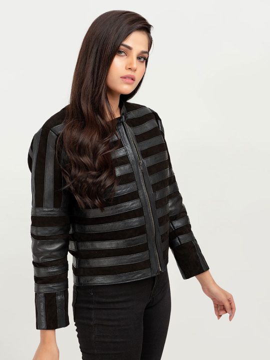 Gigi Sheer Striped Cropped Black Leather Jacket - Right