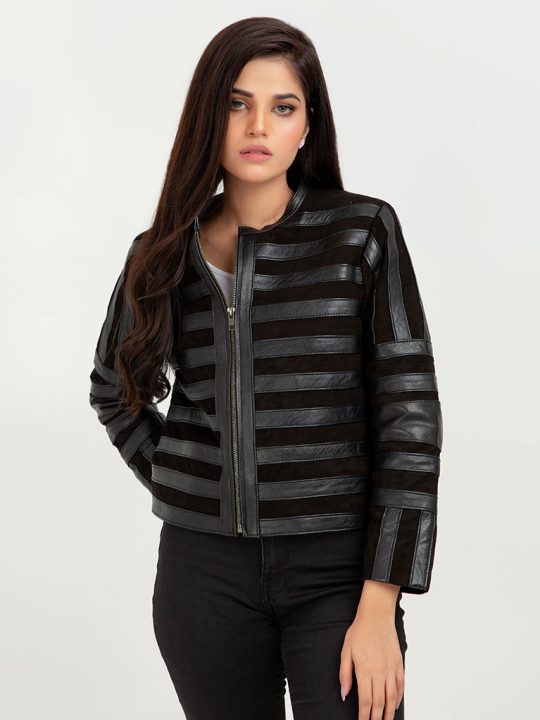 Gigi Sheer Striped Cropped Black Leather Jacket - Zipped