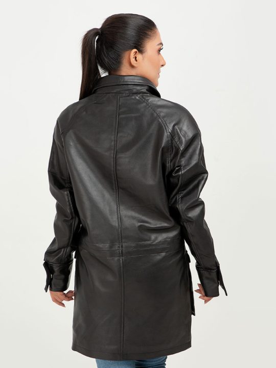 Heather Drawstring-Accent Long Black Leather Jacket - Back