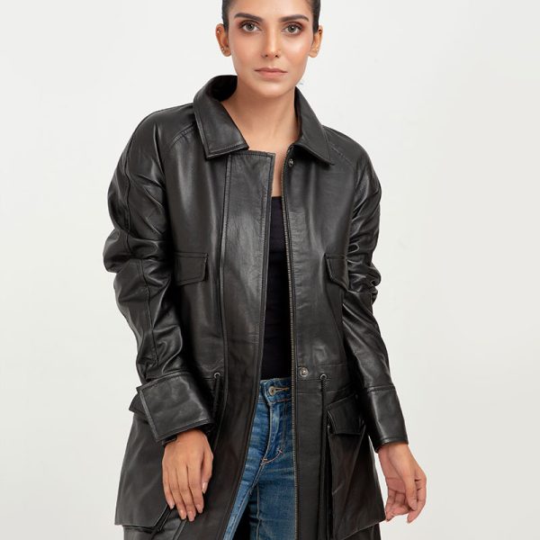 Heather Drawstring-Accent Long Black Leather Jacket - Front