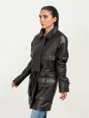 Heather Drawstring-Accent Long Black Leather Jacket - Left