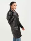 Heather Drawstring-Accent Long Black Leather Jacket - Right