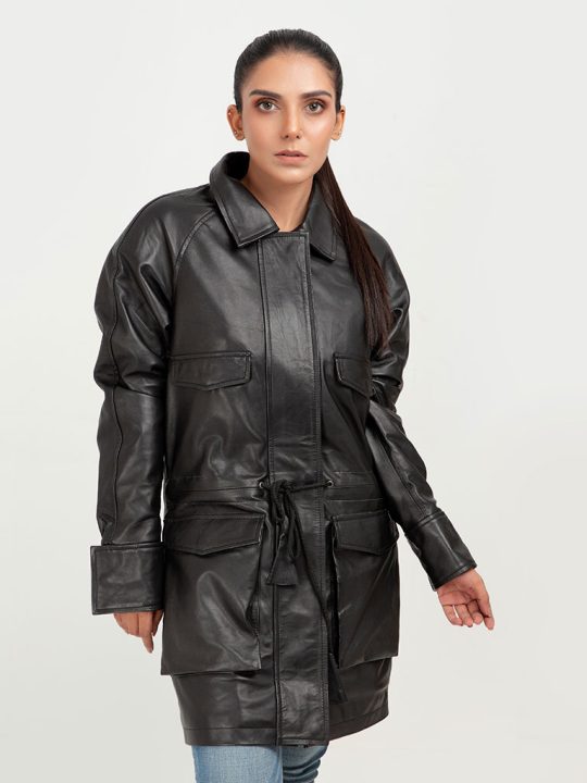 Heather Drawstring-Accent Long Black Leather Jacket - Zipped
