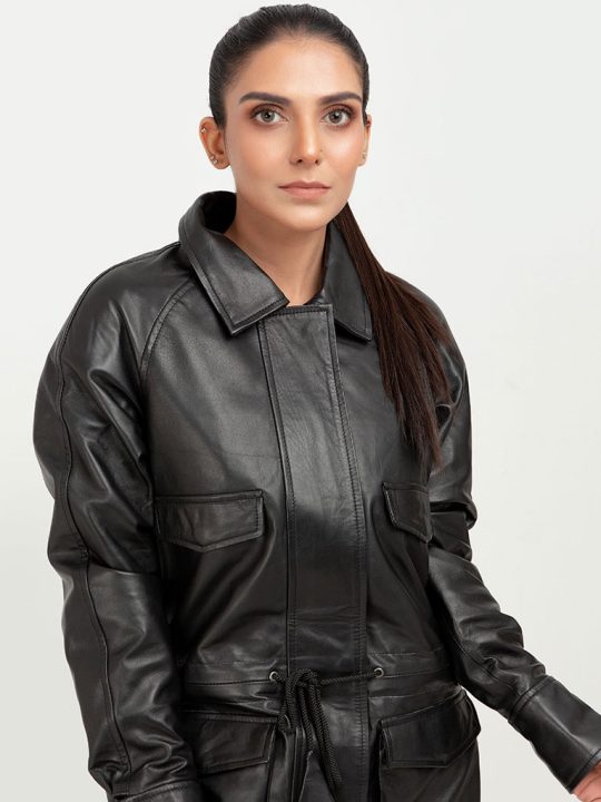 Heather Drawstring-Accent Long Black Leather Jacket - Zoom
