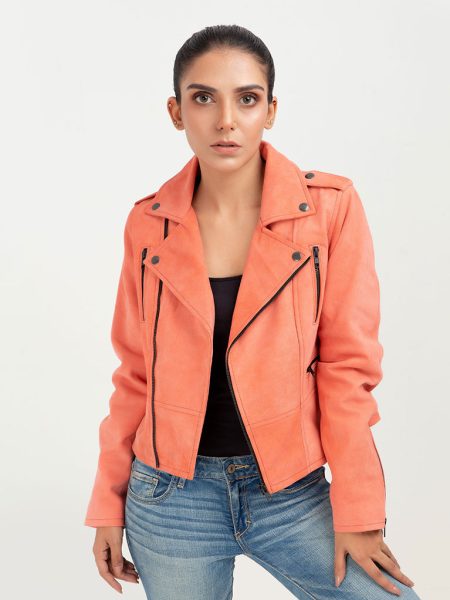 Kallie Pink Asymmetrical Biker Leather Jacket - Front