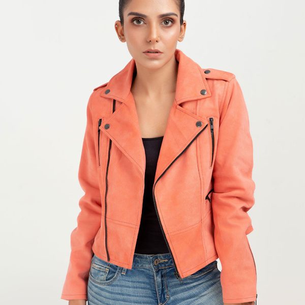 Kallie Pink Asymmetrical Biker Leather Jacket - Front