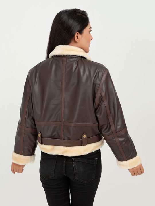 Karen Short Shearling Aviator Brown Leather Jacket - Back