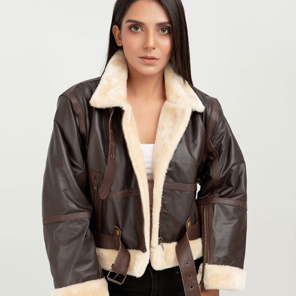 Karen Short Shearling Aviator Brown Leather Jacket - Front
