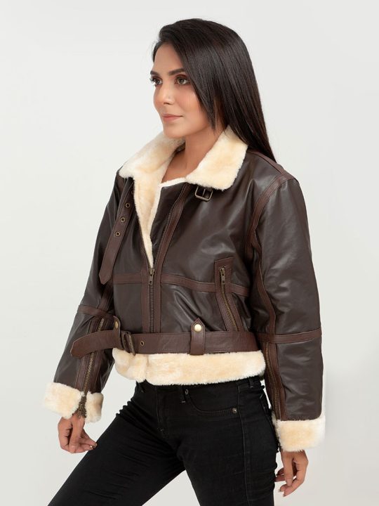 Karen Short Shearling Aviator Brown Leather Jacket - Left