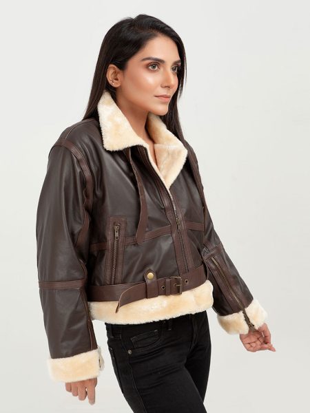 Karen Short Shearling Aviator Brown Leather Jacket - Right
