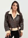 Karen Short Shearling Aviator Brown Leather Jacket - Zipped